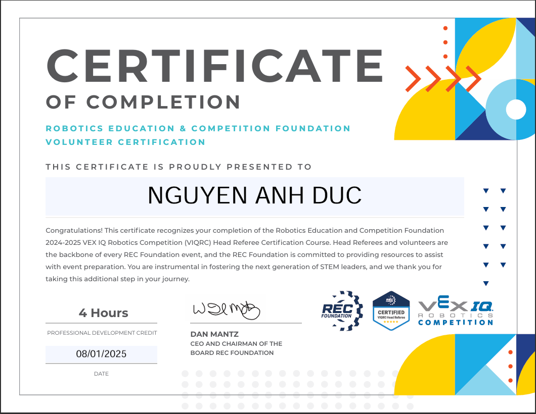 Trọng tài Trưởng Cuộc thi Robot VEX IQ (VIQRC) năm 2024-2025